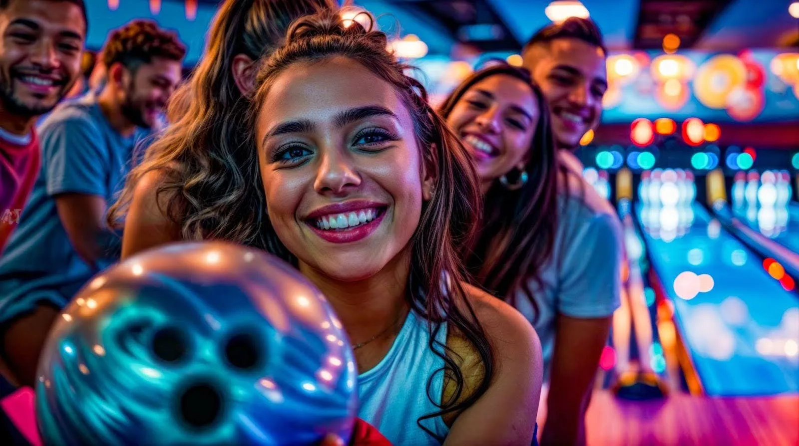 A cheerful group smiles with colorful bowling balls, ready for a fun game
