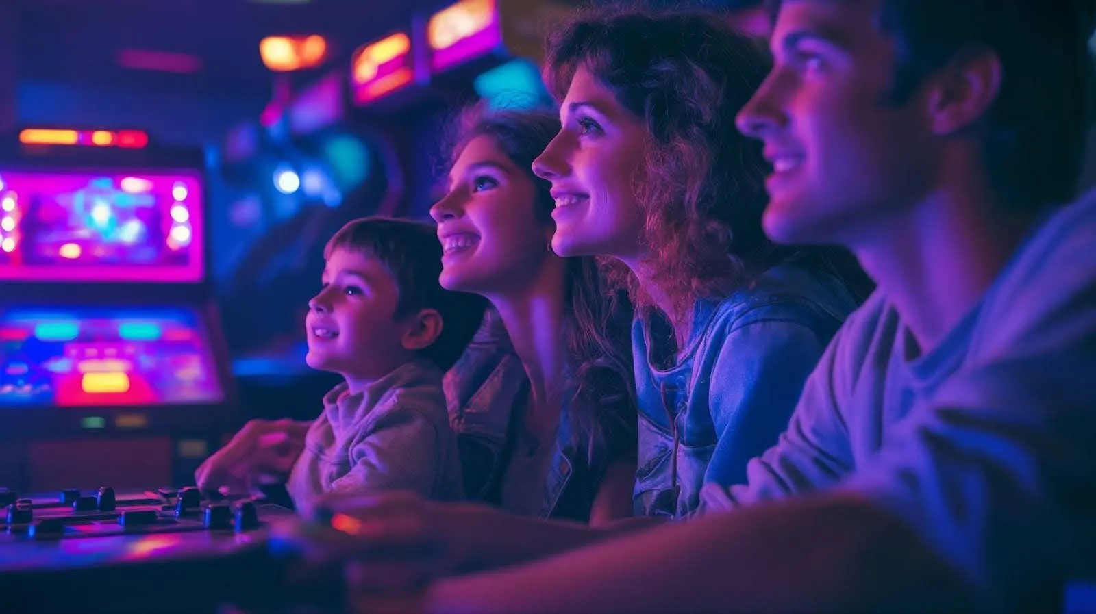 A family enjoying video games together in an arcade smiling and engaged in the gaming experience A family enjoying video games together in an arcade smiling and engaged in the gaming experience