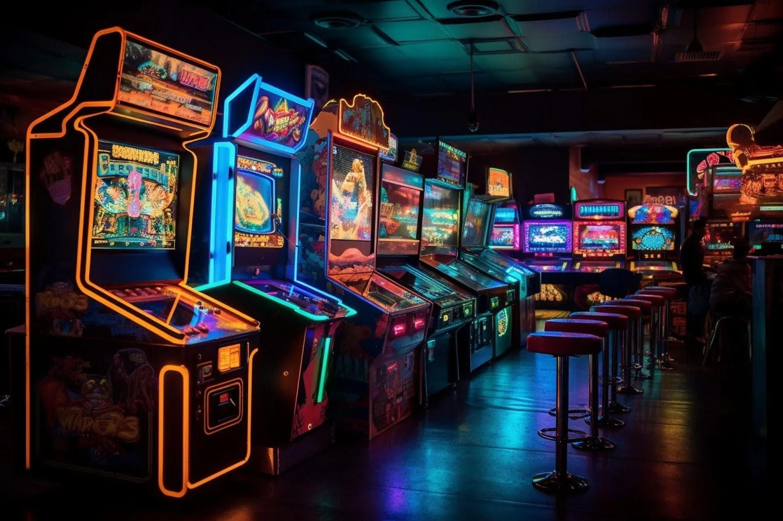 A lineup of vintage arcade machines glowing in a dark room inviting players to enjoy classic games