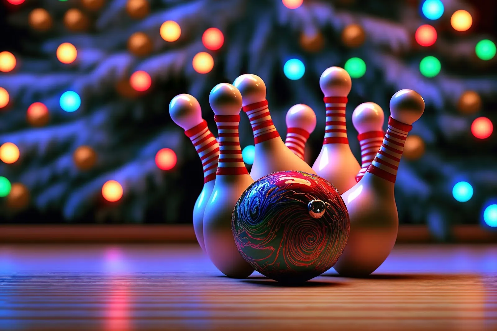 A bowling ball and skittles on a wooden floor, ready for a game of bowling.
