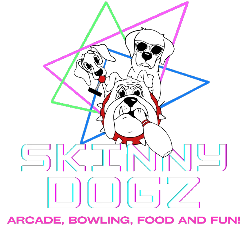 Logo for Skinny Dogz in Ogden, Utah, showcasing an arcade bowling atmosphere filled with food and enjoyment.
