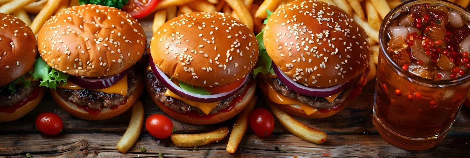 A delicious assortment of hamburgers and french fries arranged on a rustic wooden table