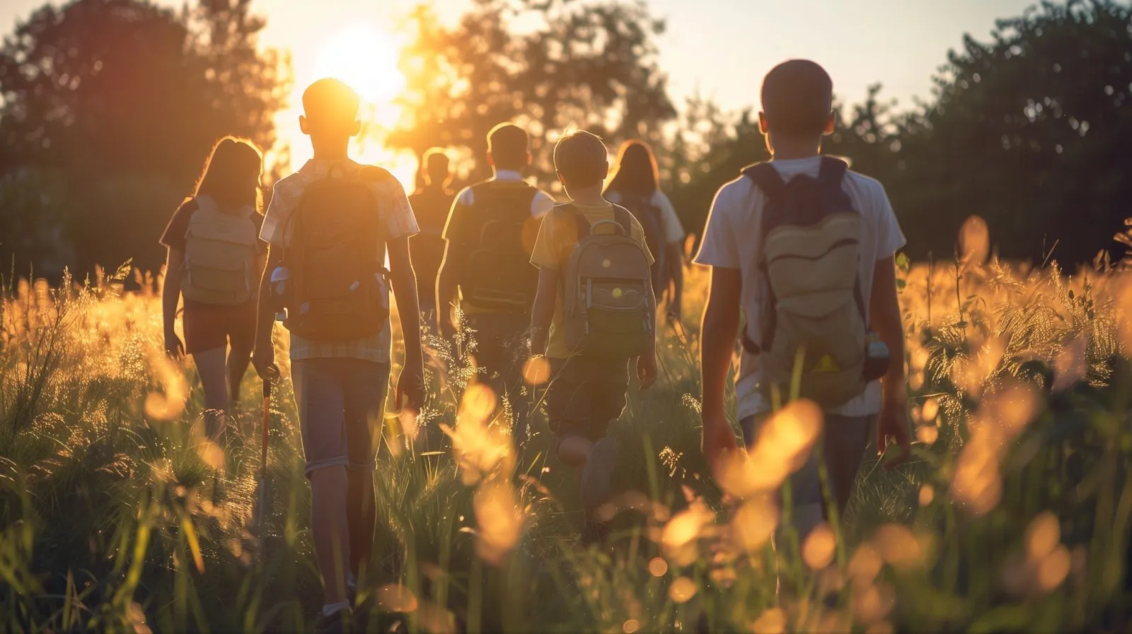 A youth group walking through a field at sunset during group activities for a youth program.