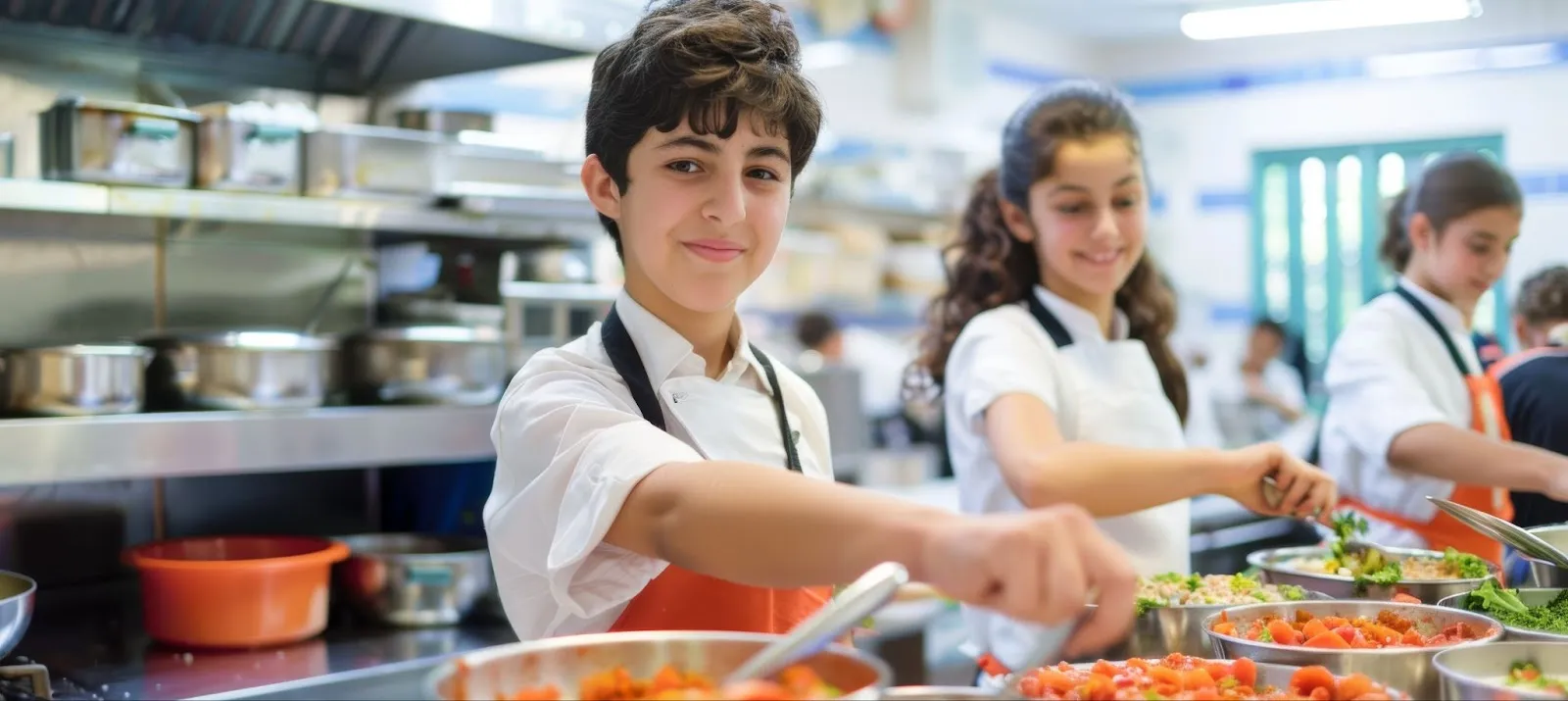 Two children in a kitchen cooking together during a youth group activity.