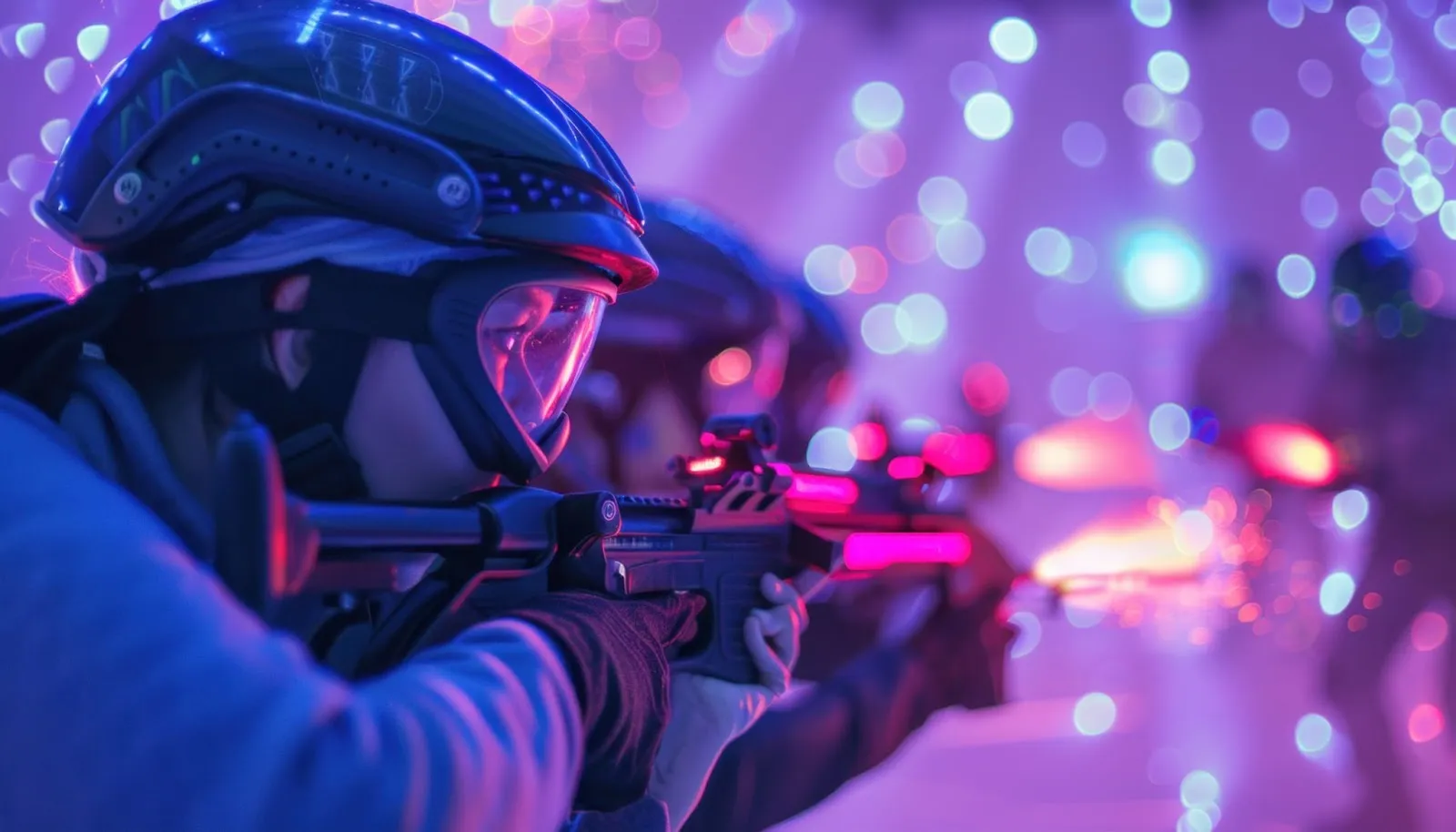 A person wearing a helmet holds a gun, illuminated by a vibrant purple light, ready for laser tag or paintball action.