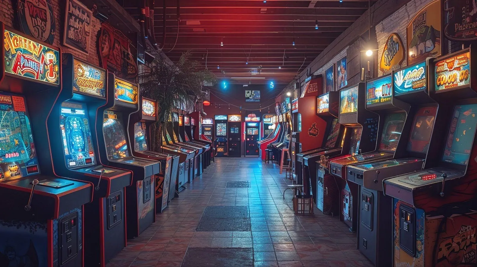A row of colorful arcade machines in a spacious gaming room invites players to classic games