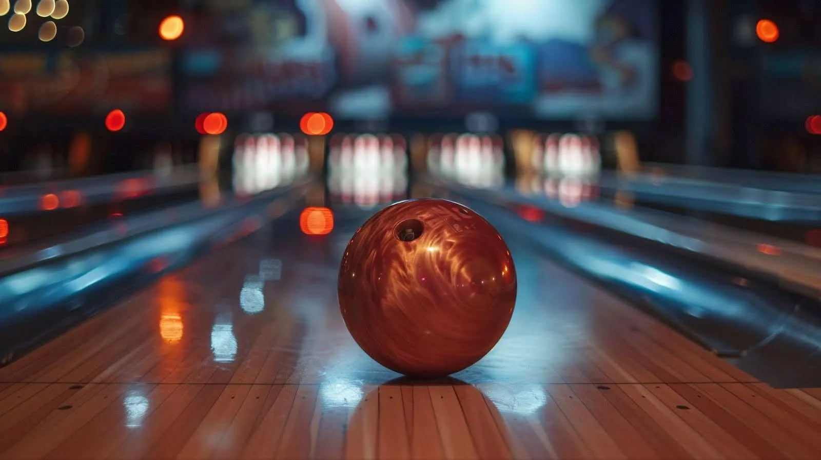 A bowling ball positioned on a polished bowling lane, ready for the next roll in a vibrant bowling alley setting A bowling ball positioned on a polished bowling lane, ready for the next roll in a vibrant bowling alley setting