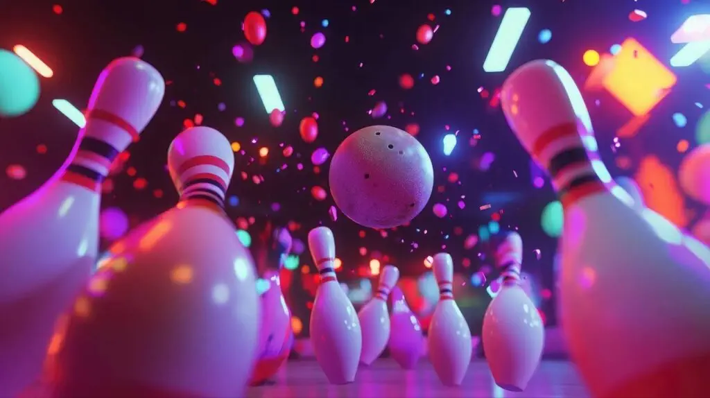 A bowling ball rolls toward pins in a vibrant alley, capturing the game's excitement