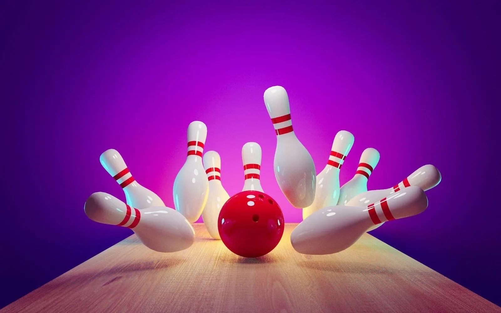 A bowling ball collides with pins, scattering them across a smooth wooden table