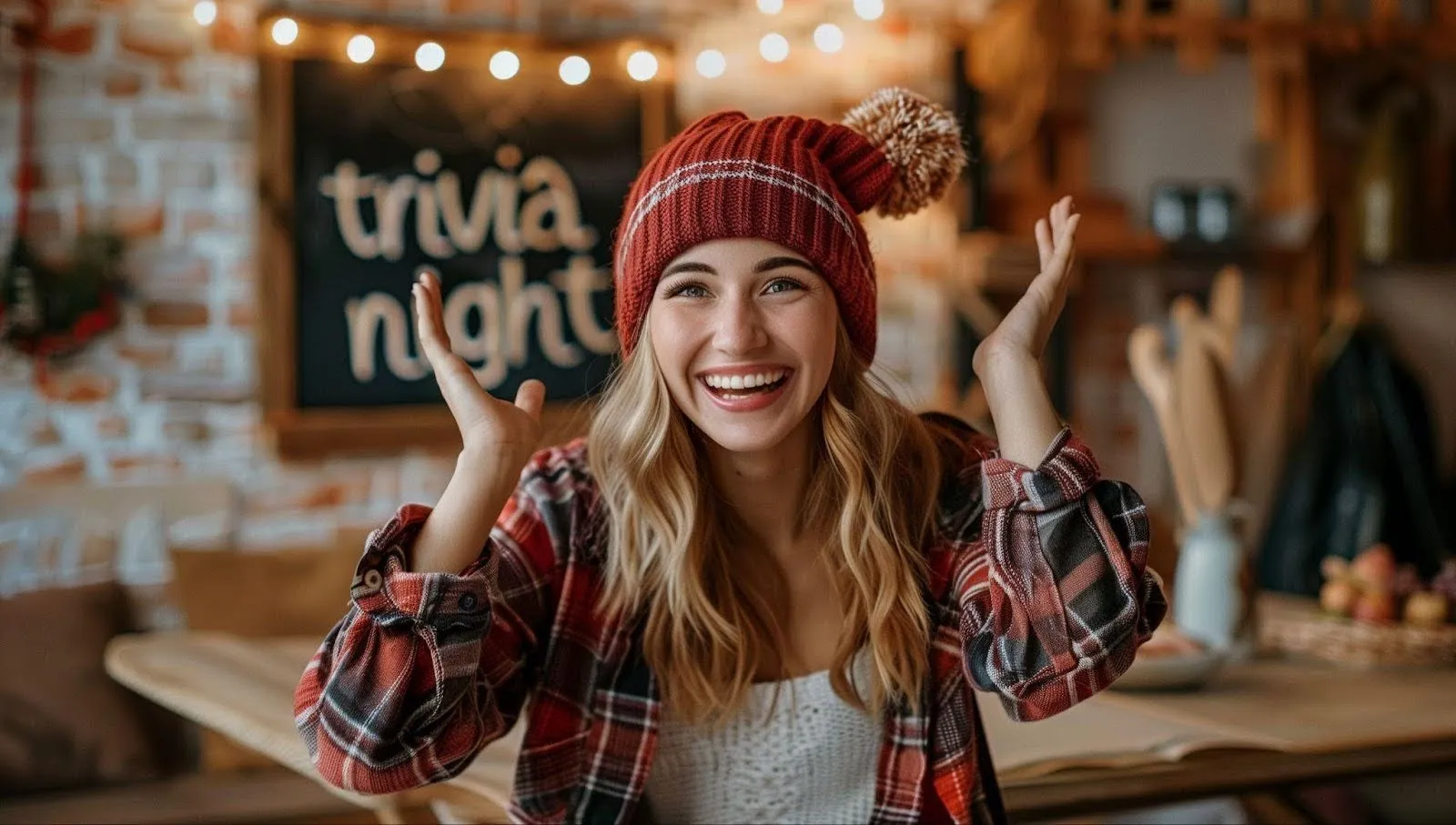 A smiling woman in a hat and plaid shirt radiates joy