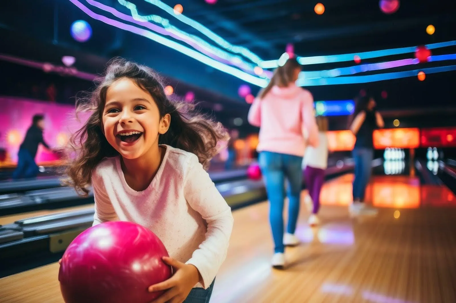 A smiling girl grips a bowling ball excited for the game A smiling girl grips a bowling ball excited for the game