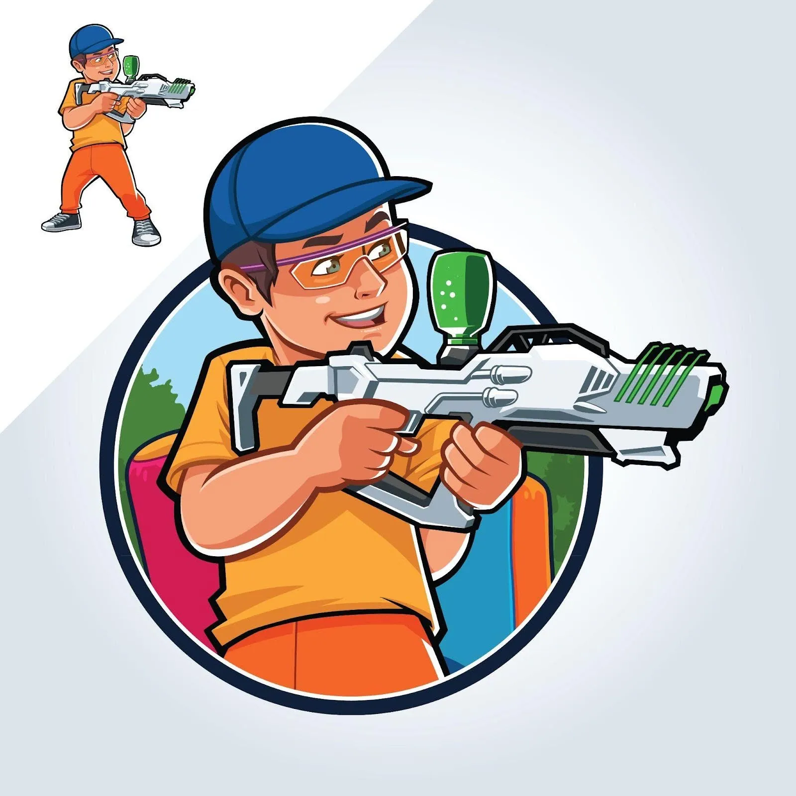 A cartoon boy with a gun in hand, showcasing a spirited demeanor against a vibrant background
