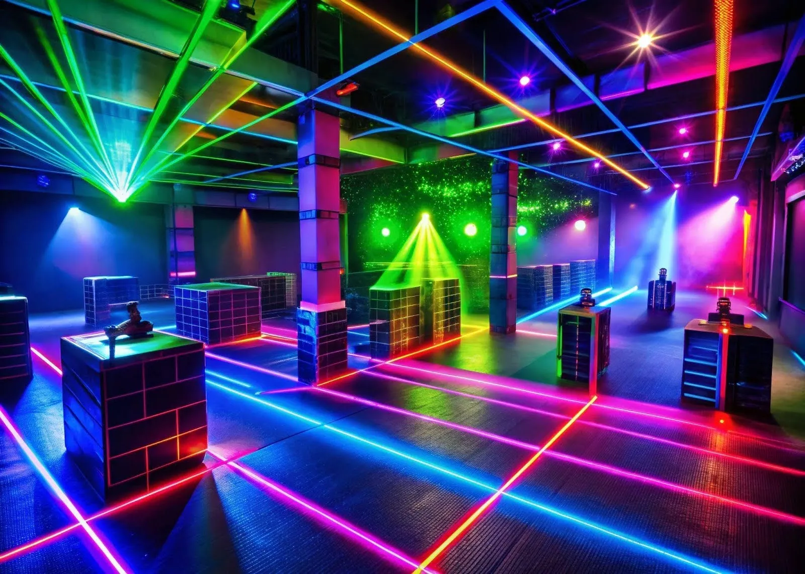 A dynamic room with a dance floor and colorful lights, setting a festive mood for dancing