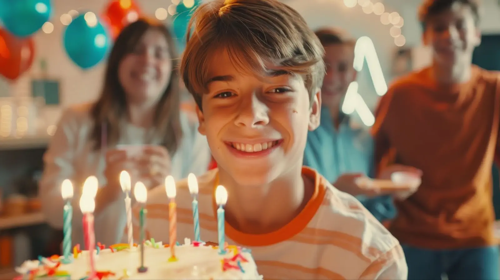 Smiling teenage boy in a striped shirt celebrating his birthday with a lit cake, surrounded by friends and family in a decorated room.