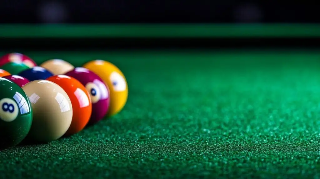 A collection of colorful billiards balls arranged on a green felt pool table, ready for a game