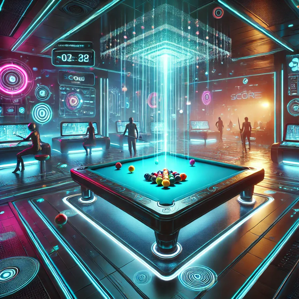 A modern pool table in a stylish, tech-savvy room with sleek lines
