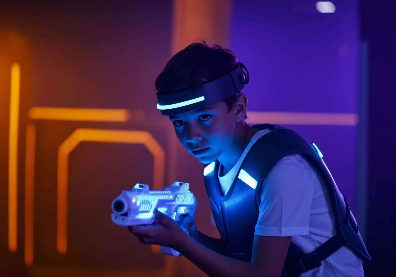 A child aiming a glowing laser gun in a colorful laser tag arena.