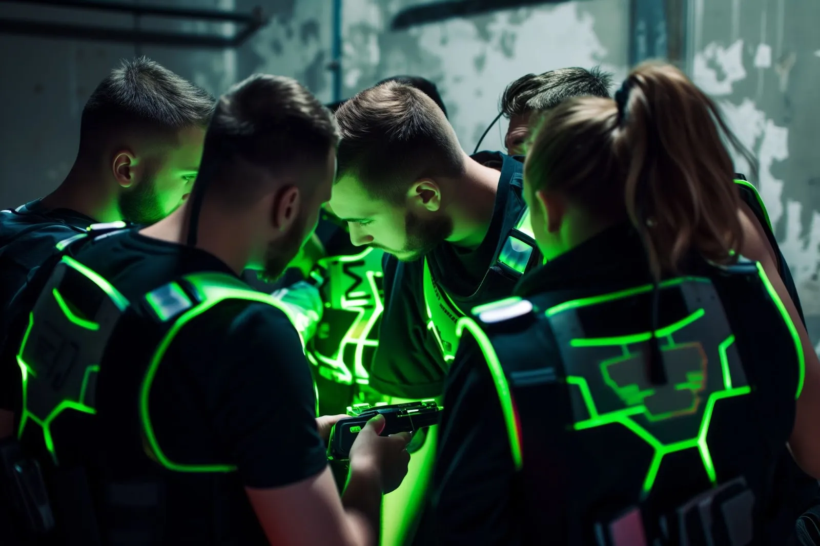 A group of people in glowing green laser tag gear strategizing in a dimly lit room.