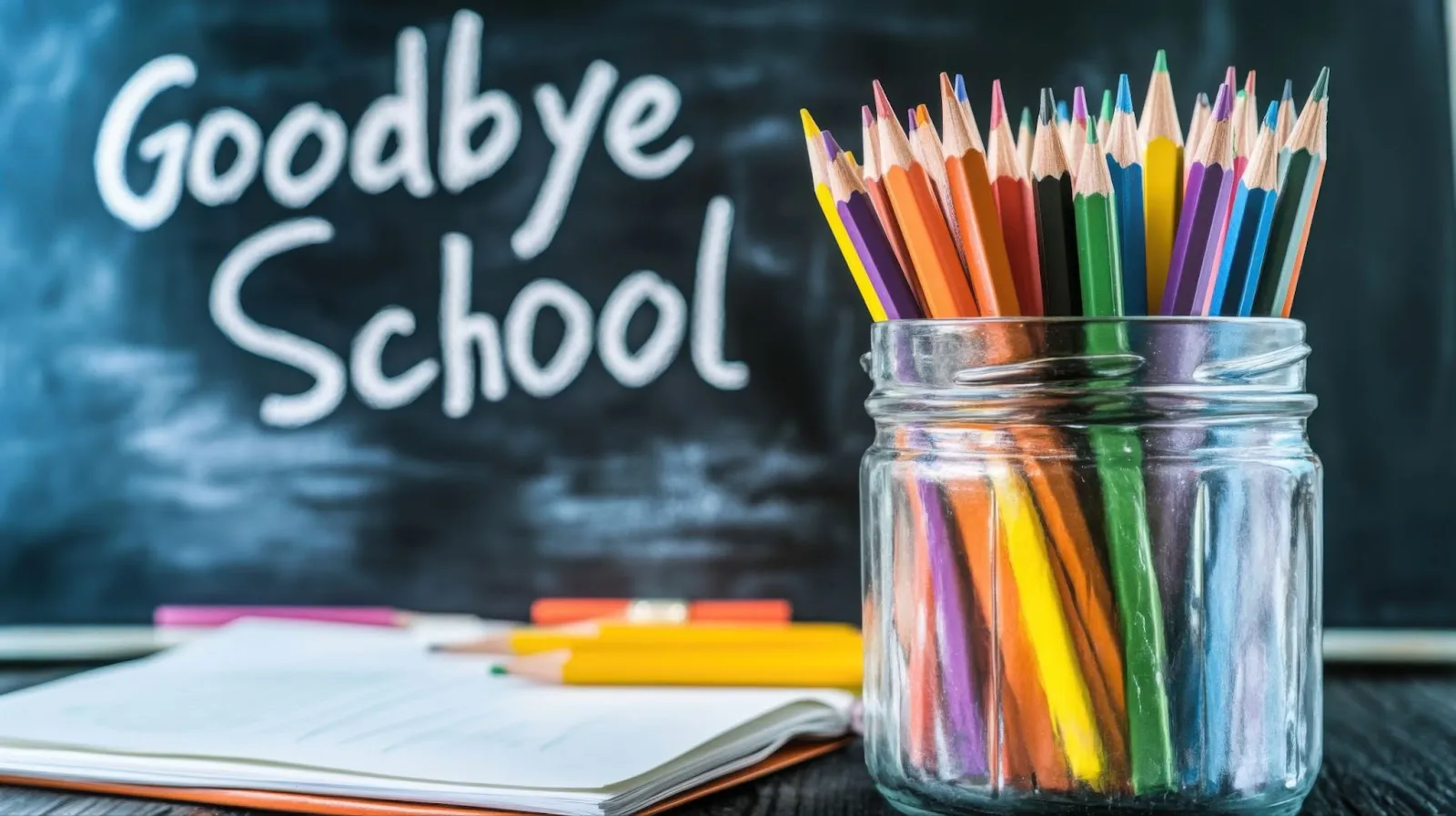 A jar of colorful pencils sits on a desk with a notebook and a chalkboard reading Goodbye School in the background.