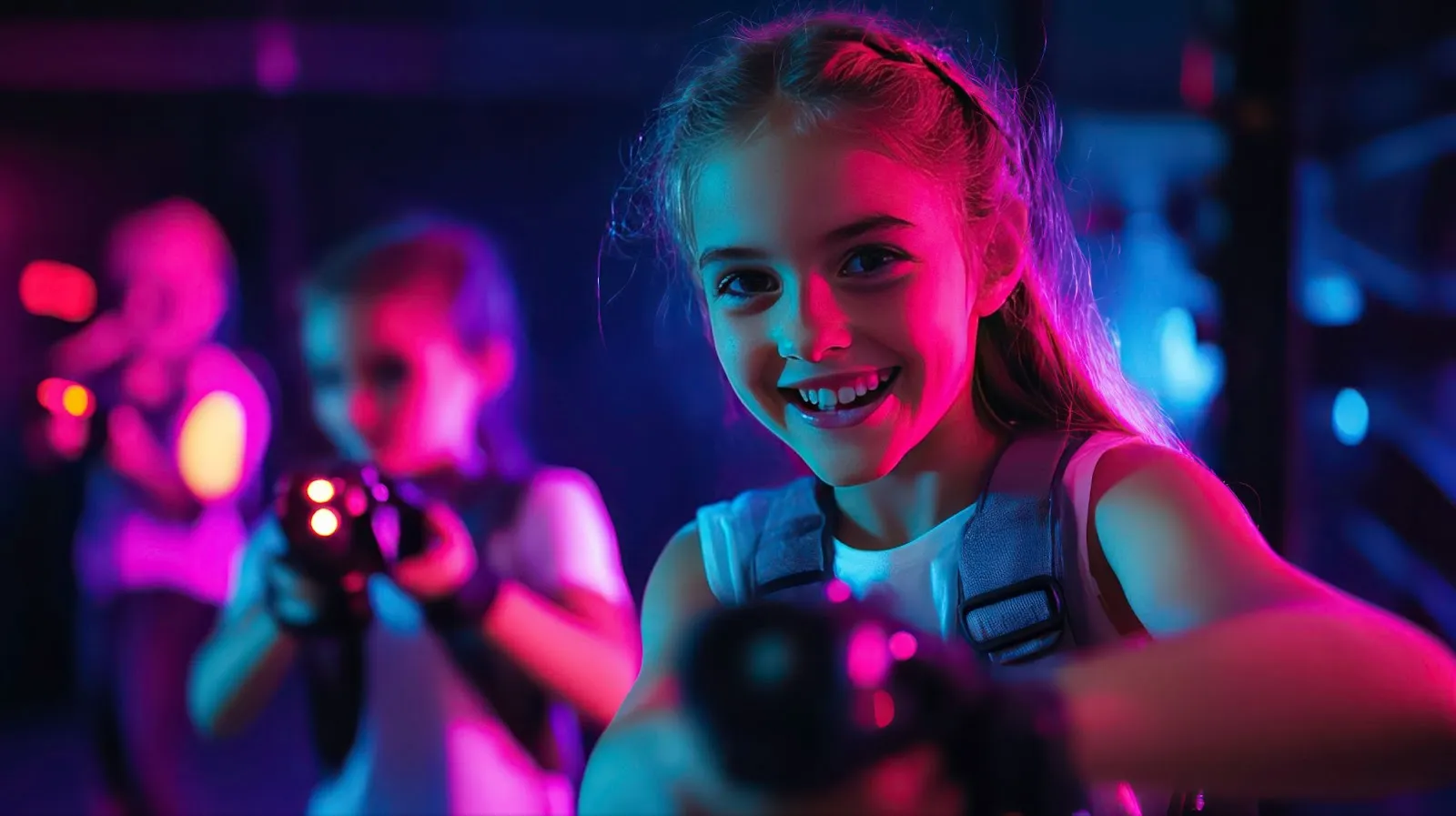 Children enjoying a vibrant laser tag game in a colorful arena.
