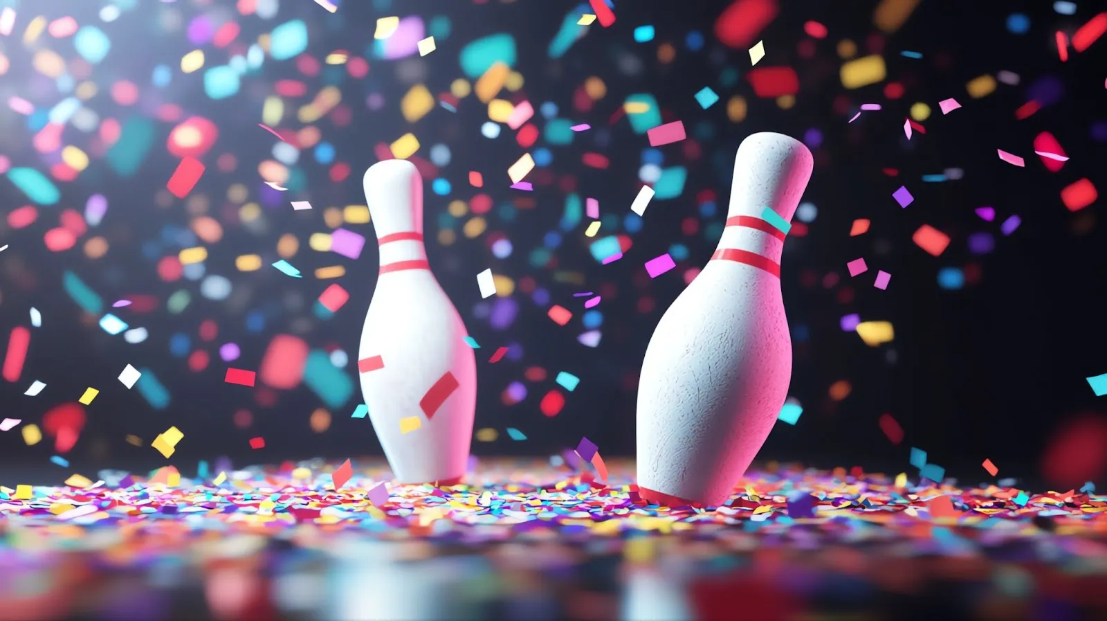 Two bowling pins surrounded by colorful confetti on a reflective surface.