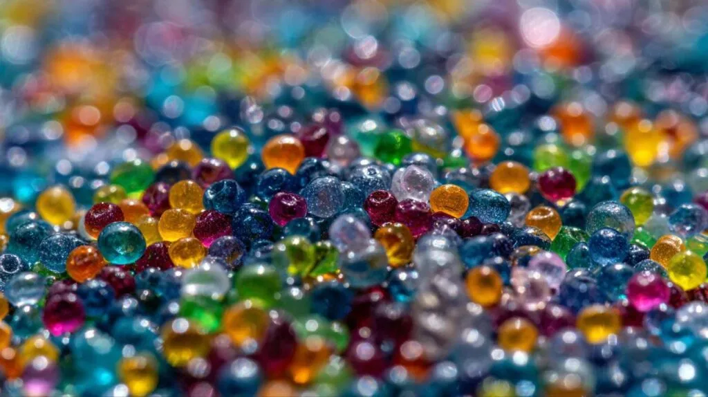 A close-up of a vibrant assortment of colorful beads in various shapes and sizes