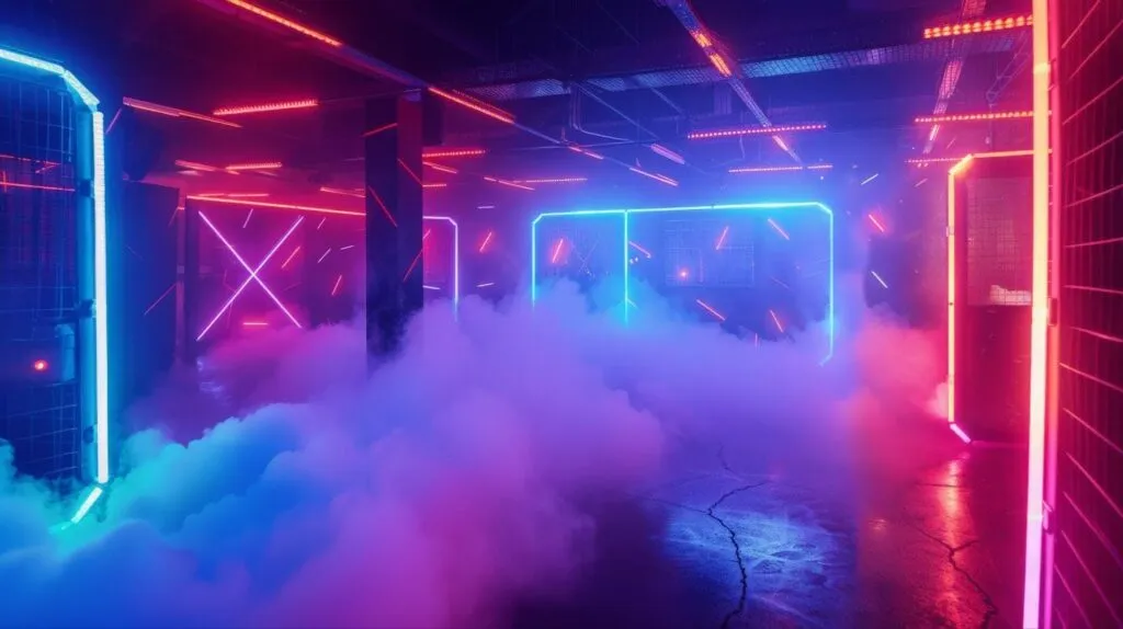 A dimly lit room with neon lights and billowing smoke enhancing the mysterious ambiance