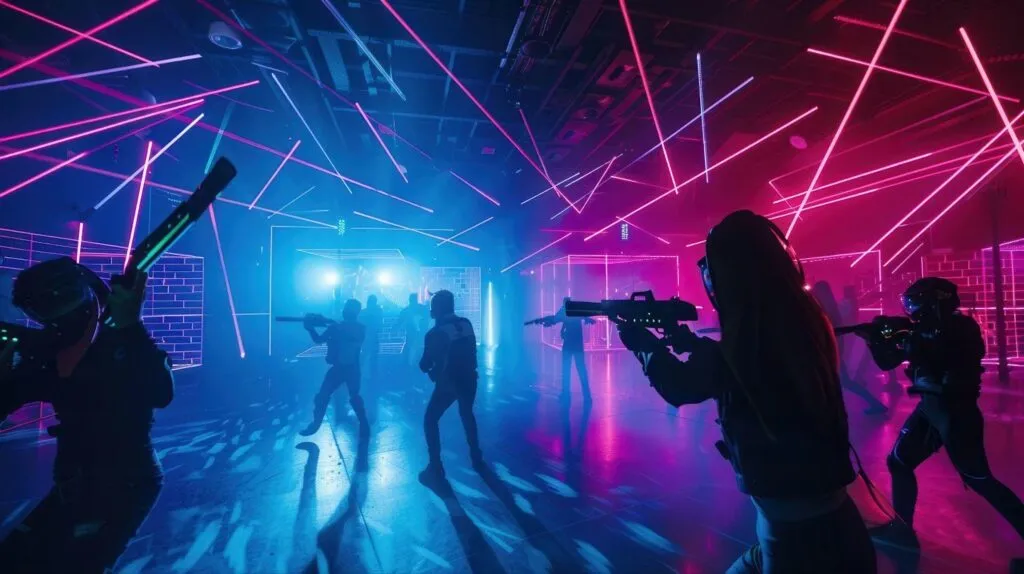 A group of people socializing in a dark room illuminated by vibrant neon lights
