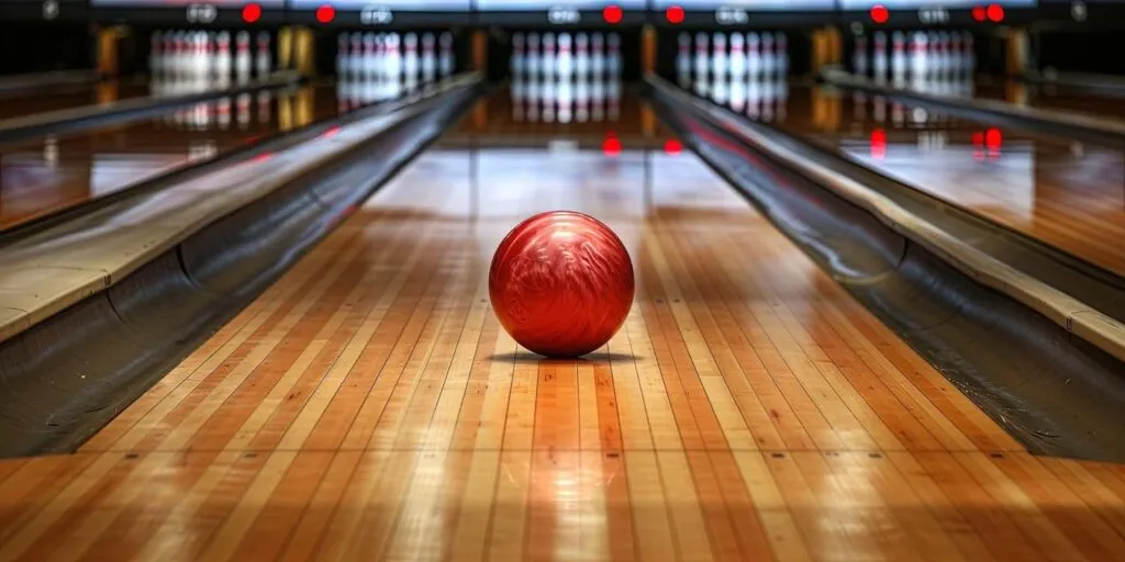 A bowling ball sits in the center of a well-lit bowling alley ready to be rolled down the lane