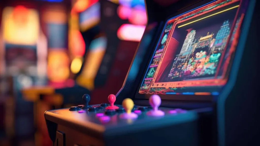 Close-up image of a video game machine featuring its joystick buttons and illuminated screen