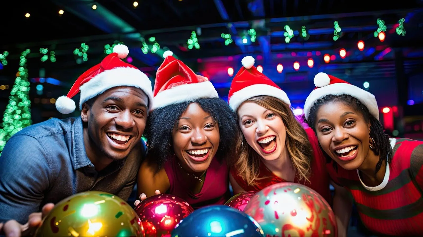 Friends in Santa hats smiling happily celebrating the holiday spirit together